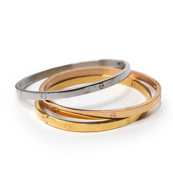 Set of 3 Metal Bangle Bracelets Trio Stackable Gold Silver Rose Gold Copper Tone - Picture 3 of 9